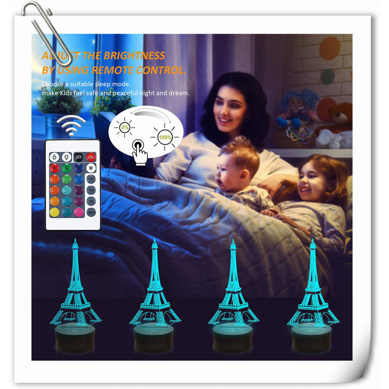 Eiffel Tower Nightlight 3D Illusion Lamp Visual Bedroom Decoration LED Lamp With Remote Control 16 Colour Changing Paris Fashion Style Acrylic Gifts For Birthday Xmas