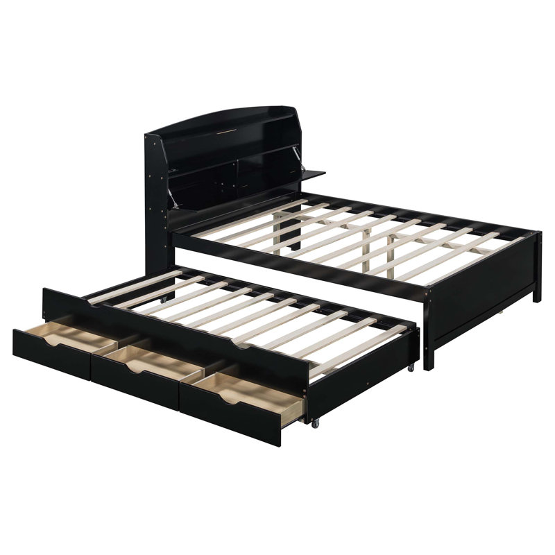 Lit plateforme en bois avec lit gigogne et tête de lit à DEL avec tiroirs, Lit double, Espresso