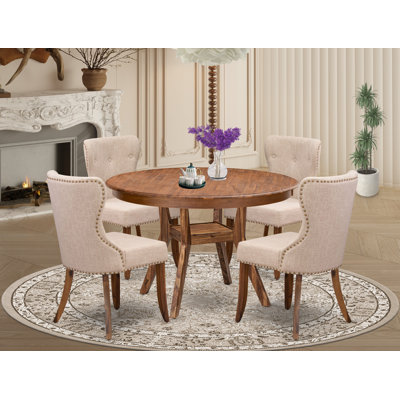 Modern Dining Set Includes a Pedestal Kitchen Table and Light Tan Linen Fabric Chairs with Button Tufted- Antique Walnut