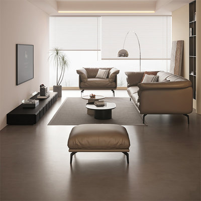 Coffee Genuine Leather cushion Arm Chair with Ottoman
