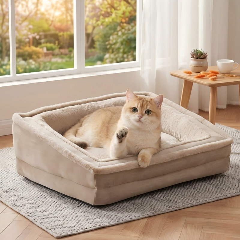 Coussin pour chat pour animaux de compagnie, lit d'intérieur pour chat lavable, canapé de soutien moelleux pour chien et chaton, base antidérapante, 24 po, beige