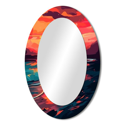 Sunset On The Beach Expressive Retro Colors I - Coastal Oval Decorative Mirror On Metal