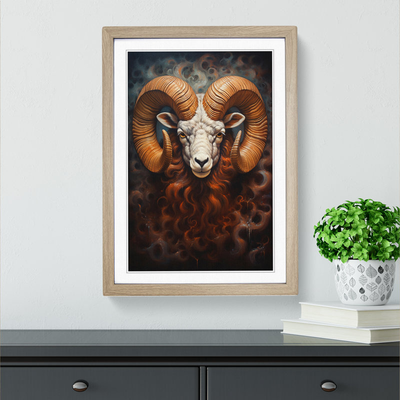 Aries Zodiac Realism - Single Picture Frame Print on Wood, 34cm H x 25cm W x 2cm D, Oak Framed