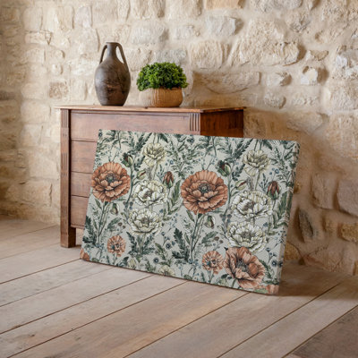 Toile, art floral rétro richement détaillé avec de grands coquelicots en fleurs dans des tons chauds de crème rouille et de beige doux, art mural sur toile