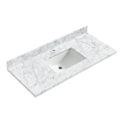 Zevio l 49 po x P 22 po comptoir en marbre naturel de Carrare blanc avec lavabo simple rectangulaire blanc