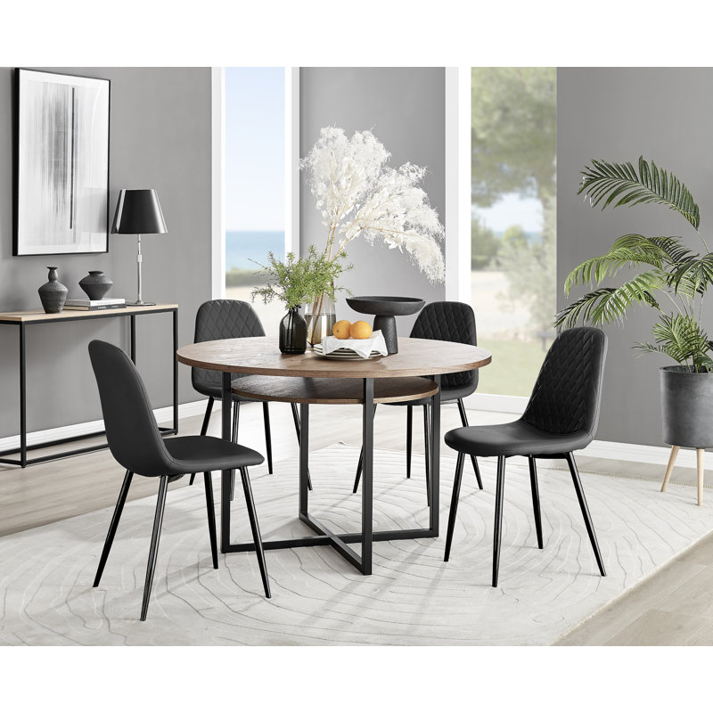 Adler Modern Wooden Round Dining Table Set with Shelf & 4 Luxury Faux Leather Dining Chairs, Black/Black