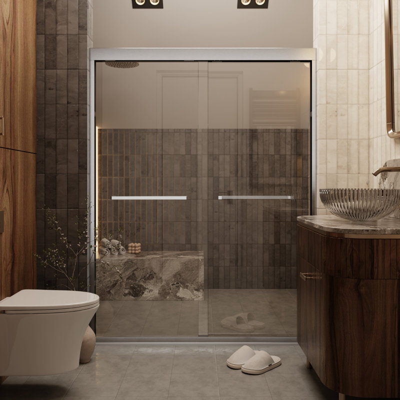Semi-Frameless Double Sliding Shower Door, 1/4" SGCC Tempered Glass with Quiet Dual Rollers, 48" W x 72" H, Matte Black
