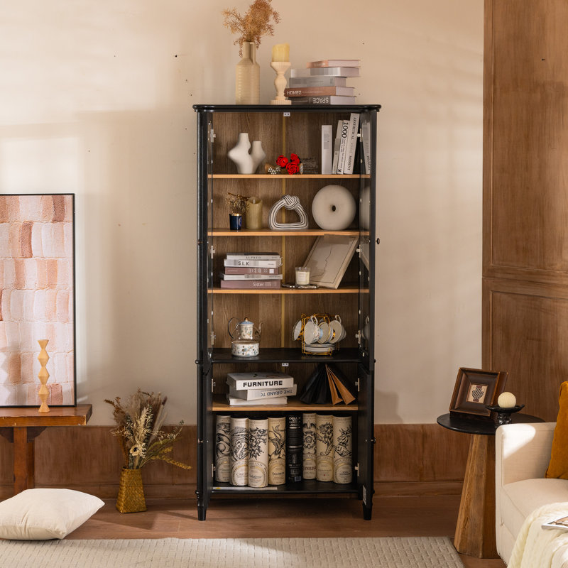 Vitrine de style Mid-Century moderne H 71,07 po avec portes doubles, placage en bois de frêne, tablettes réglables et charnières amortissantes pour rangement de cuisine