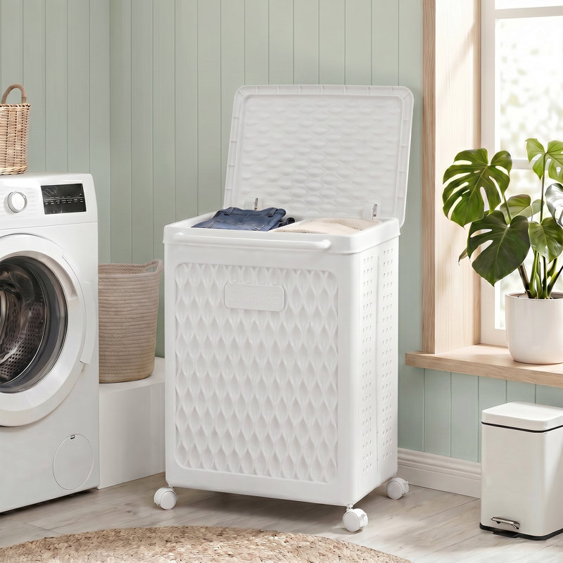 Panier à linge à 2 sections avec couvercle et séparateurs à poignées, 25" H x 13.78" W x 19.29" D, Blanc