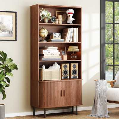 71" Tall Bookshelf, 4-Tier Book Shelf With Storage Cabinet, Modern Bookcase With Sliding Door And Adjustable Footpad