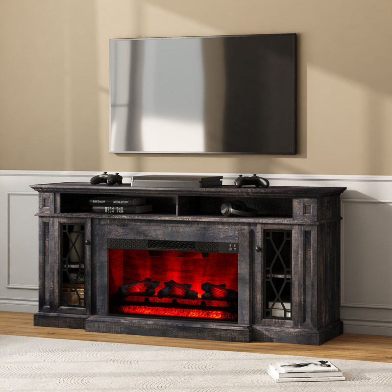 Cletus Farmhouse 70''W Fireplace TV Stand with Glass Doors/Adjustable Shelves, DarkOak, Dark Oak