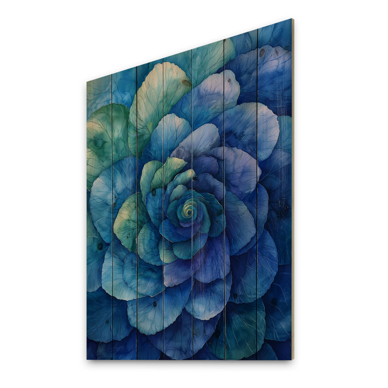 Hortensia bleu vert Vortex V - décoration murale bois d'hortensia - sur bois de pin naturel, H 44 po x l 34 po x P 0,78 po