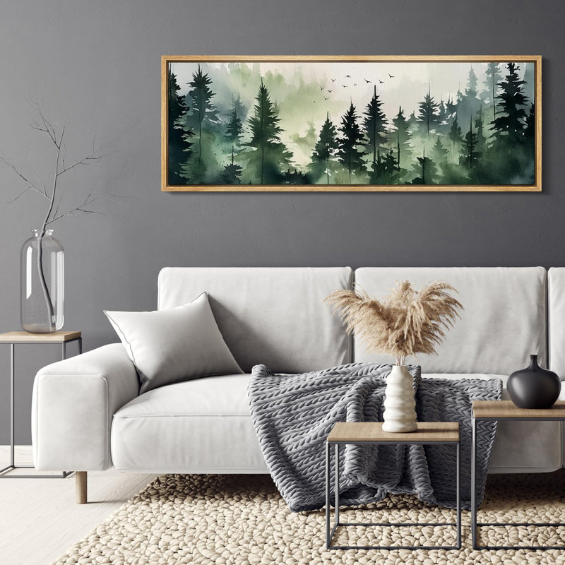 Forêt boisée, forêt brumeuse, aquarelle, pins tranquilles avec oiseaux, H 20 po x l 60 po, Naturel