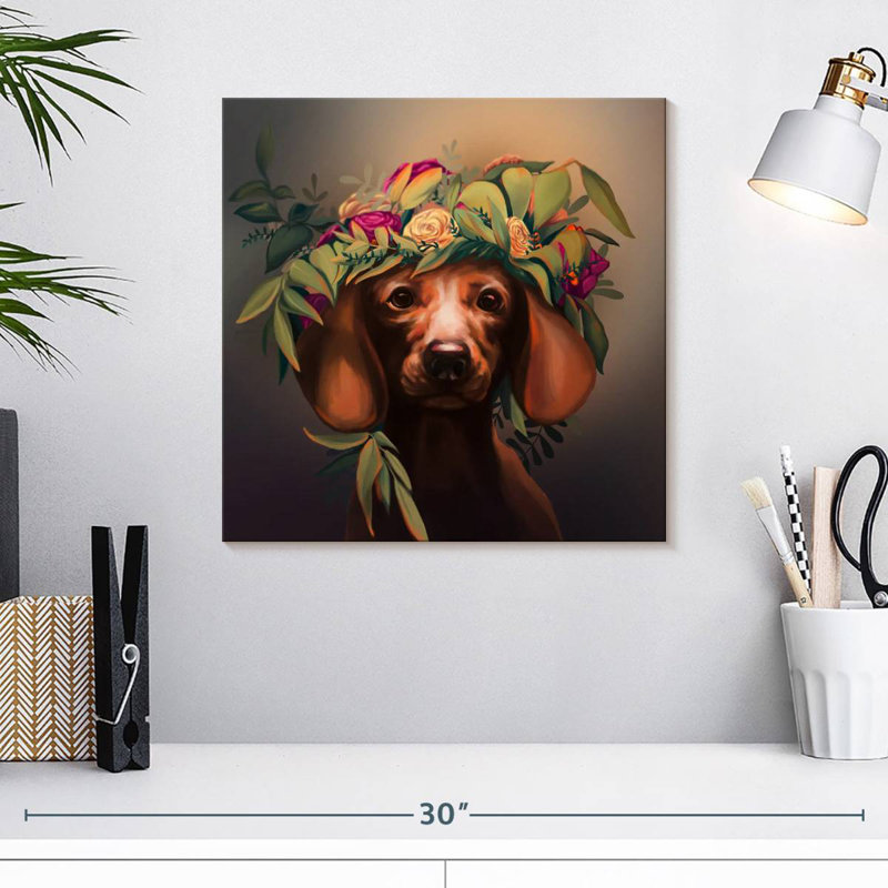 Crowle Dachshund With Flower Crown, 16" H x 16" W