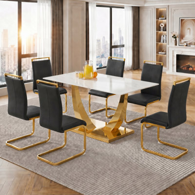 Modern Glam Rectangle Faux Marble 7-Piece Dining Set with Faux Leather Cantilever Chairs