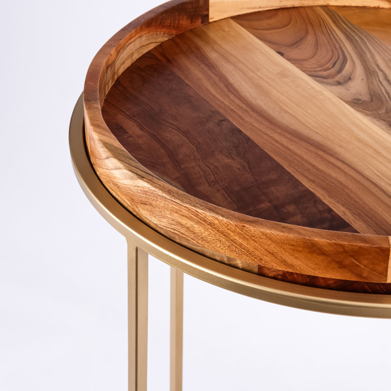 Table de bout ronde avec plateau en bois massif, Naturel, Or