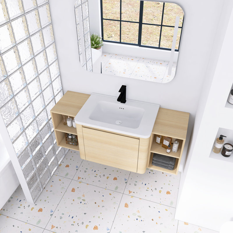 Meuble-lavabo mural 52 po avec lavabo en céramique blanche et tablettes de rangement, porte à fermeture douce, blanc américain