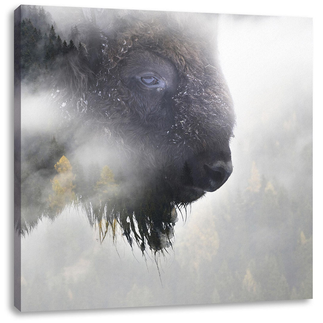 Leinwandbild Wild Bison in Foggy Forest