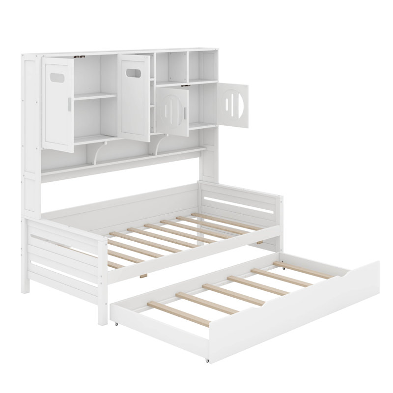 Lit de jour en bois avec lit gigogne et armoire et tablette tout-en-un, Lit simple, Blanc