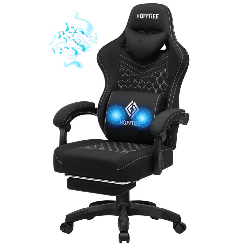 Reclining Ergonomic Fabric PC & Racing Game Chair With Bluetooth Speakers And Vibration Lumbar Pillow, Black