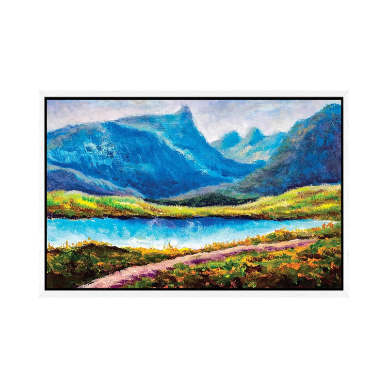 Beautiful Lake In Mountains by Valery Rybakow - Painting on Canvas, 66.04cm H x 101.6cm W x 3.81cm D, White Framed