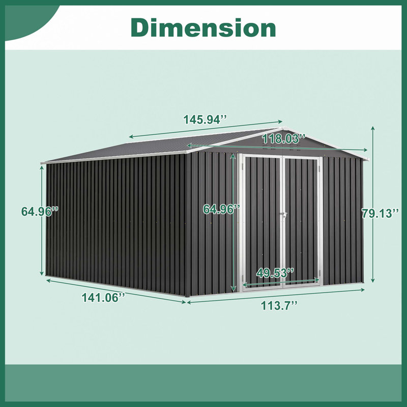 Remise de rangement extérieure 10 x 12 pi, rangement pour outils en métal avec portes verrouillables et structure de cadre actualisée, grande remise de jardin en métal pour la cour arrière, pelouse de patio