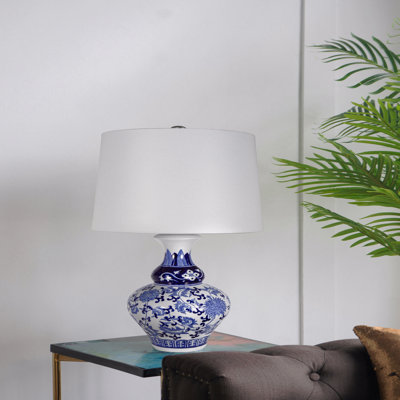 Lampe de vase ronde en céramique bleue et blanche D14x27,6 "