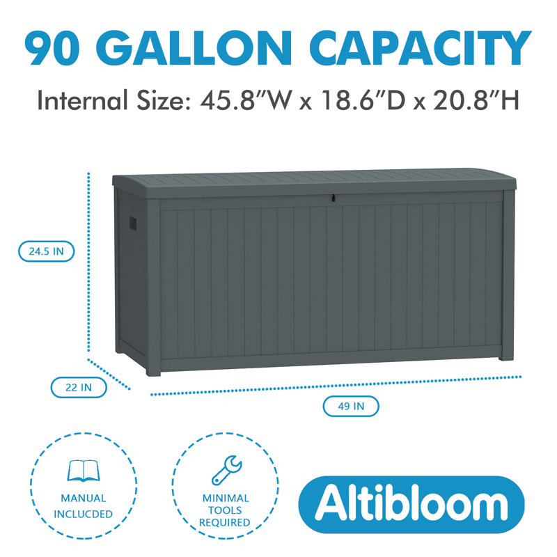 Altibloom 90 Gallon Water Resistant Resin Lockable Deck Box, Ideal For Garden Patio Furniture and Supplies, Gray