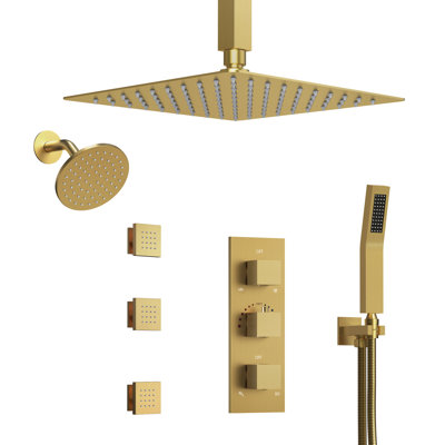 Thermostatic Dual Showerheads System, Ceiling Mount 12" High-Pressure Rainfall Shower Faucet with Handheld Spray and Body Jet