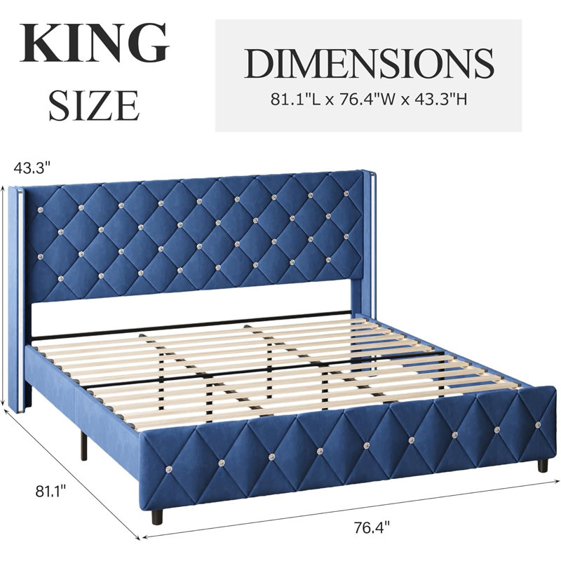 Alber Upholstered Bed Frame With Diamond Tufted Headboard, Modern Wingback, No Box Spring Needed, Blue, King