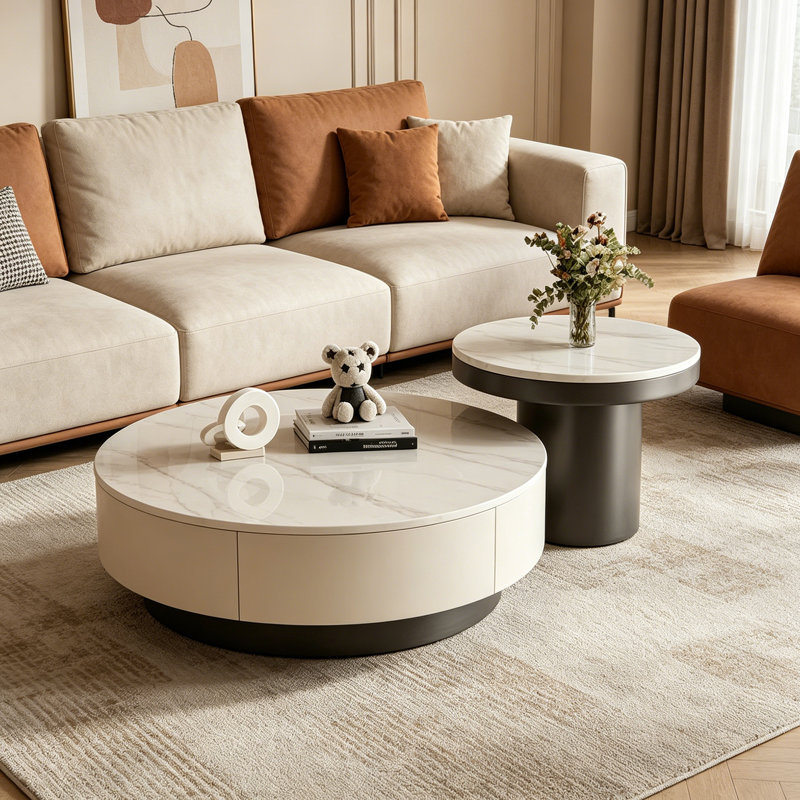 Grande table basse de luxe moderne avec tiroirs de rangement, White/Black, 12.99" H x 31.49" L x 31.49" W