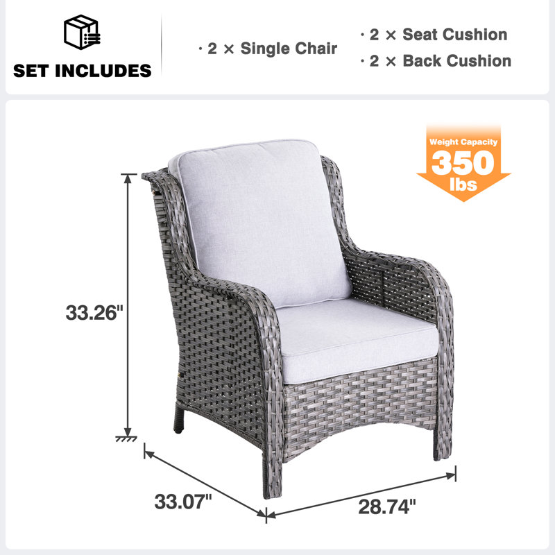 Guillen Wicker/rattan Patio Chair With Cushions, Light Gray Cushion/Gray Frame
