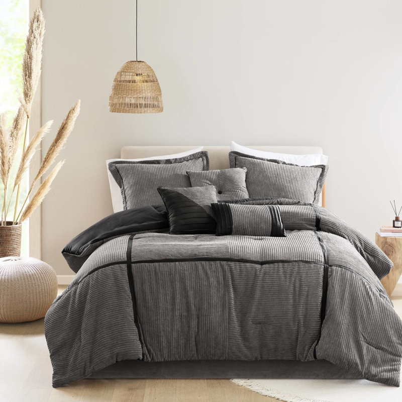 Édredon 7 pièces gris très grand pour chambre à coucher en velours côtelé confortable et élégant de 101,97 po de profondeur