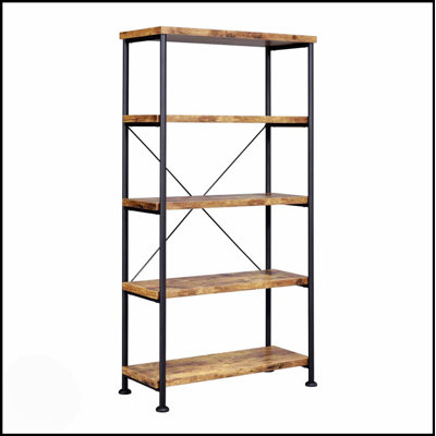 Bibliothèque à 5 tablettes en muscade antique avec cadre en métal noir, pour les intérieurs rustiques et modernes