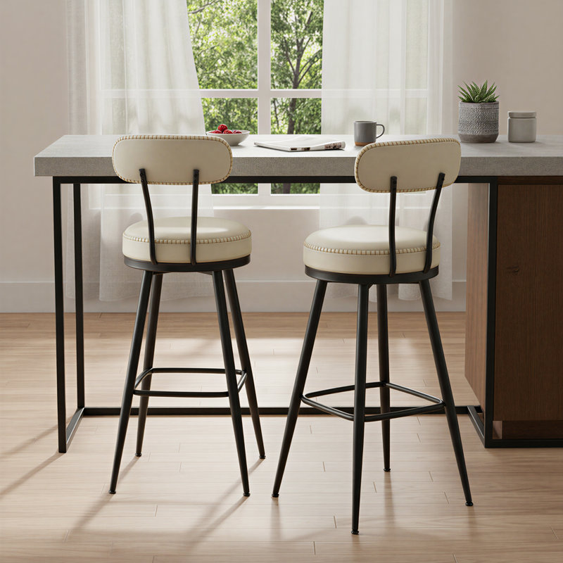 Tabourets Angelleah avec dossier, cuir synthétique, Tabouret de bar (siège d'une hauteur de 30 po) , Blanc, crème
