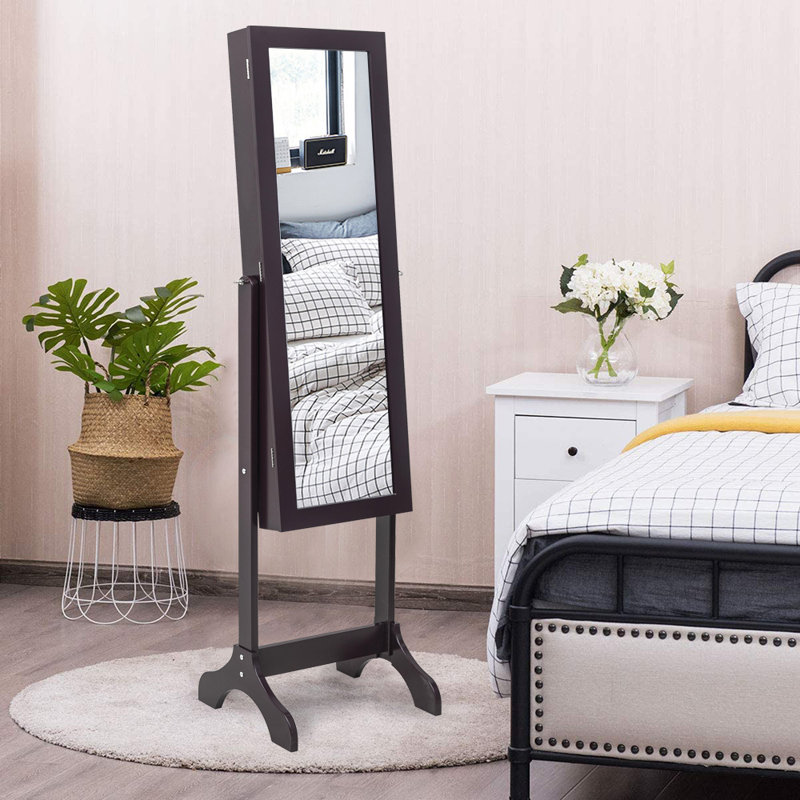 Étagère en bois à 4 niveaux, 2 tiroirs, 8 lumières DEL bleues, rangement pour bijoux, armoire à miroir réglable - brun foncé