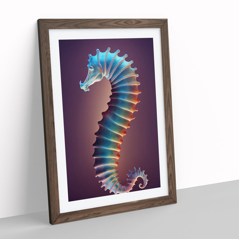 Neon Seahorse - Single Picture Frame Print, 64cm H x 46cm W x 2cm D, Walnut Framed