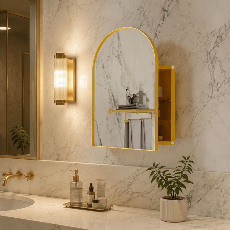 Pharmacie d'angle en métal 18 po avec miroir arqué 18 po x 24 po, Golden