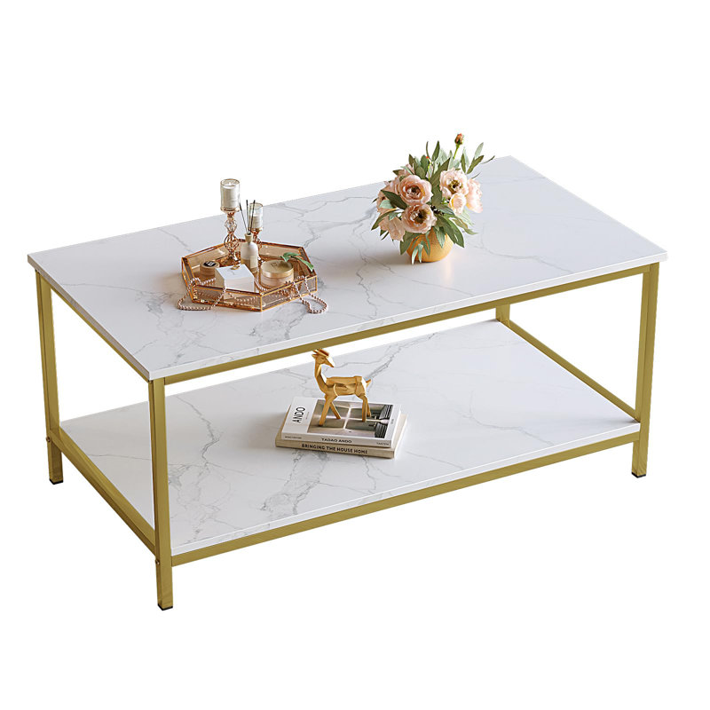 White Marble and Gold Rectangular 2-Tier Coffee Table