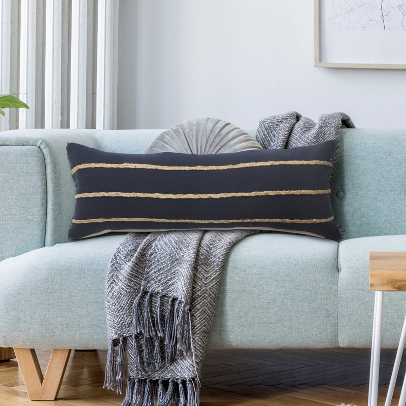 Nautical Striped Braided Cotton Blend Lumbar Pillow Cover, Blue/Tan, Polyester/Polyfill