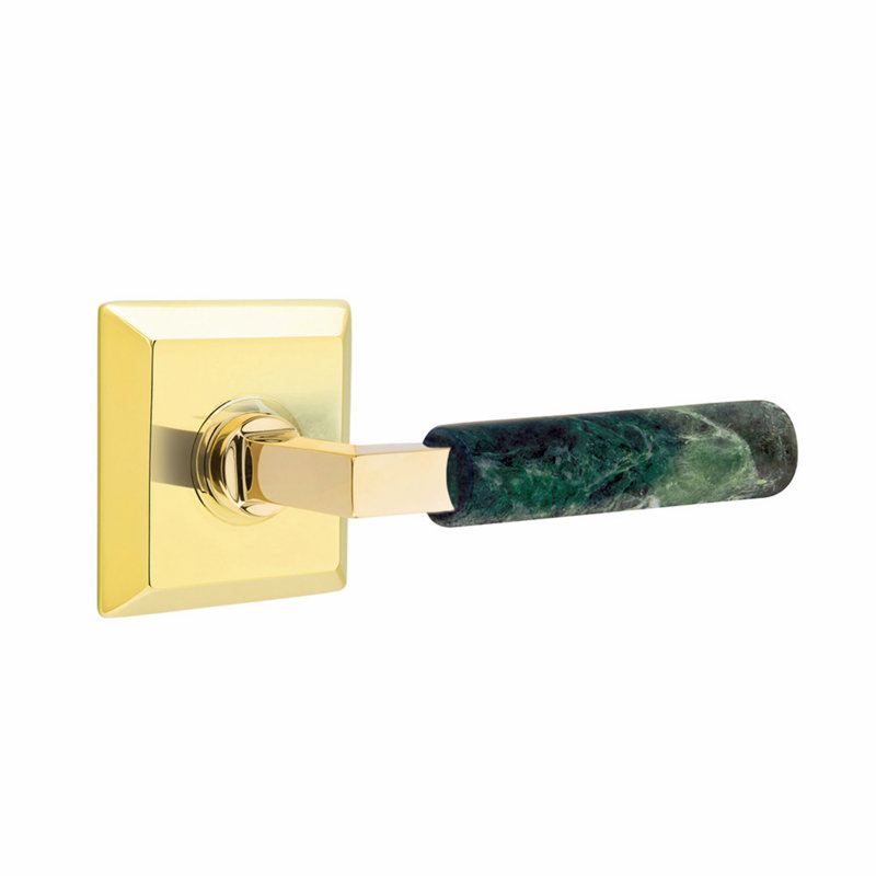 Emtek Select Passage Leverset, Quincy Rosette, L-Square Stem, Green Marble Handle, RH-5.875" W x 5.875" L, Unlacquered Brass