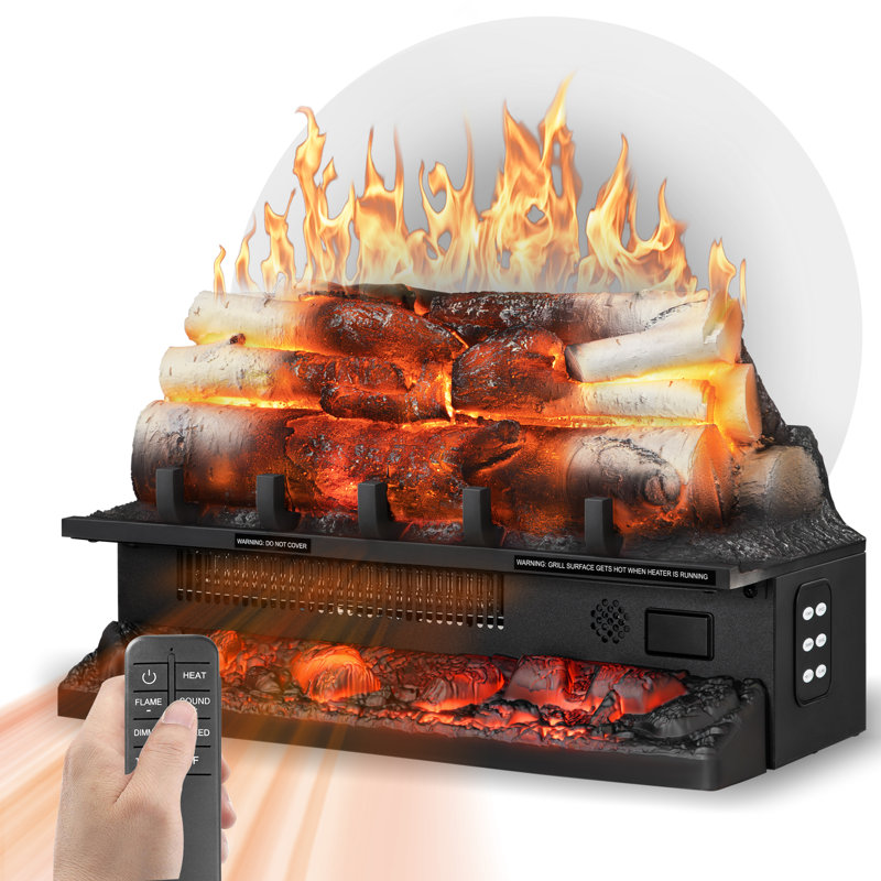  Electric fireplace log heater with remote control, realistic ember bed, adjustable brightness, temperature, speed, and sound effects.