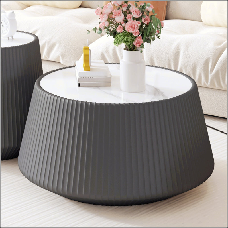 Table basse ronde unique avec plateau en pierre frittée et motif en cuir de microfibre, pour les salons modernes, Gris