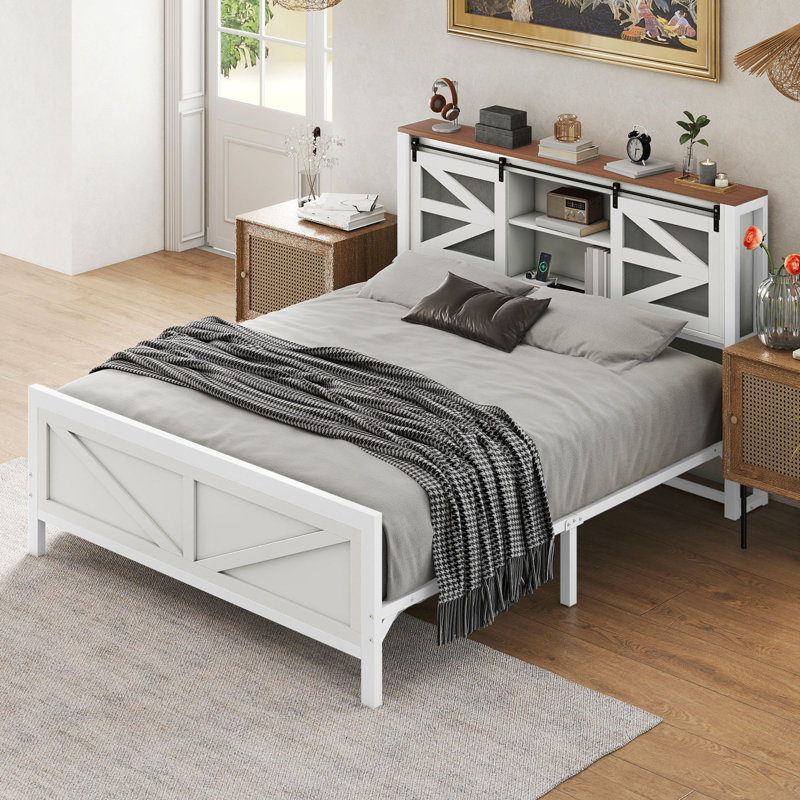 Metal Platform Bed with Bookcase Headboard and LED Lights, Queen, Beige