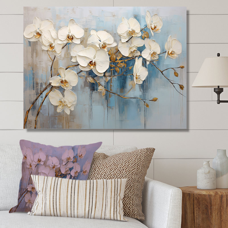 Élégance florale beige et or sur toile, Toile tendue, H 16 po x l 32 po