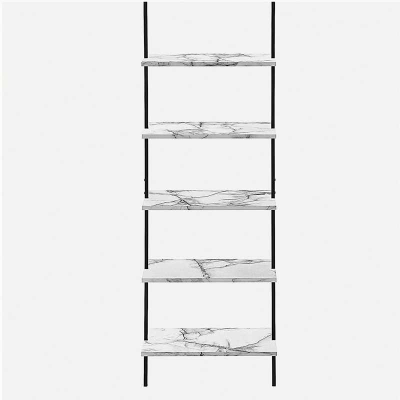 Five-tier trapezoidal display shelf, gray wood grain frame and black metal frame, White/Black