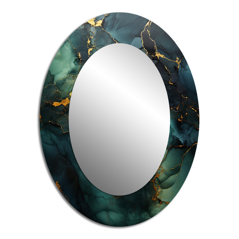 Gold And Green Abstract Marble Design III - Abstract Oval Decorative Mirror On Metal, 40" x 30"