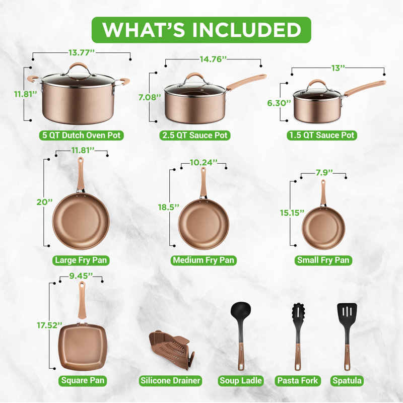14-Piece Bronze Aluminum Non-Stick Cookware Set