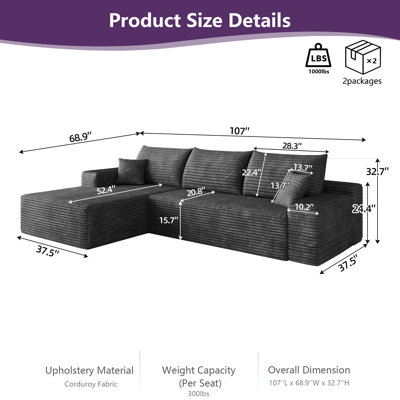 Bento 107" Cloud L-Shape Sectional Sofa with Left Facing Chaise, Modern Modular Sofa with Deep Seat, Plush Corduroy Upholstered Couch for Living Room & Bedroom, No Assembly Required