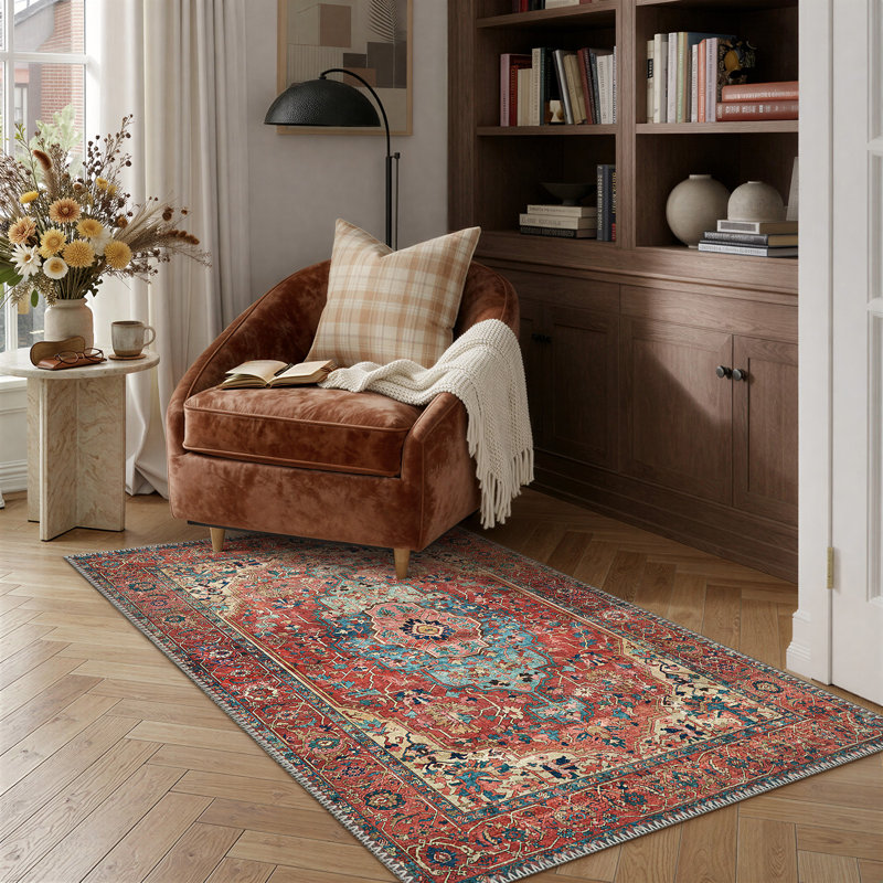 Tapis en chenille délavé avec rubans antidérapants de couleur rouge Riva, rouge, Rectangle 72 po x 48 po